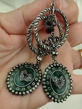 Vintage-Inspired Almost Gothic Green and Silver Highly Crafted Dangle Earrings